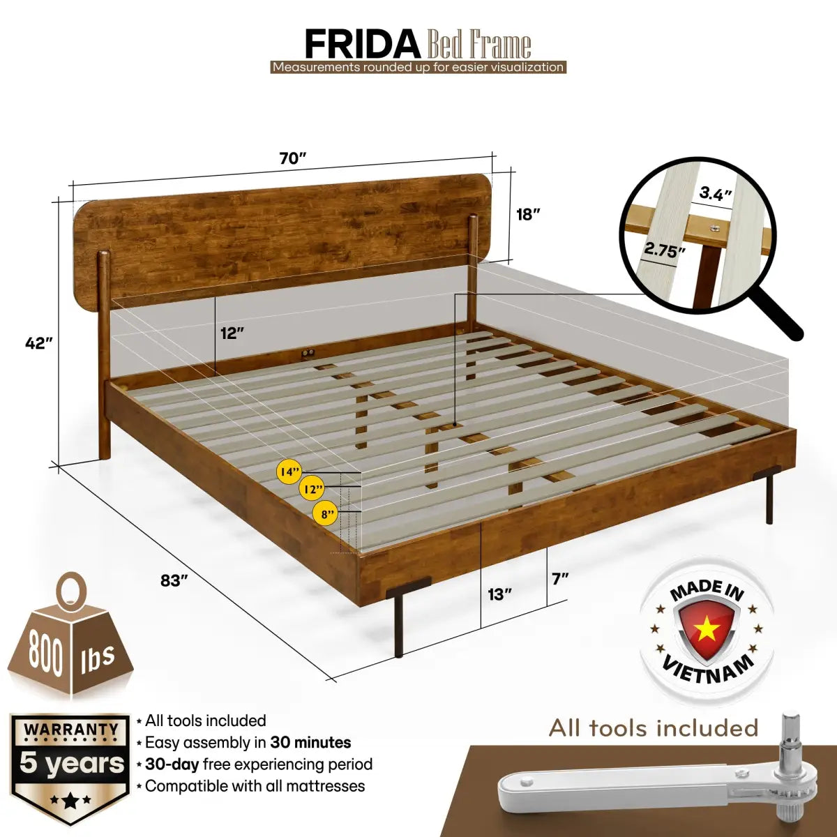 Solid Wood Bed Frame - Frida Deluxe - Quality Craftsmanship and Timeless Elegance - Megsu