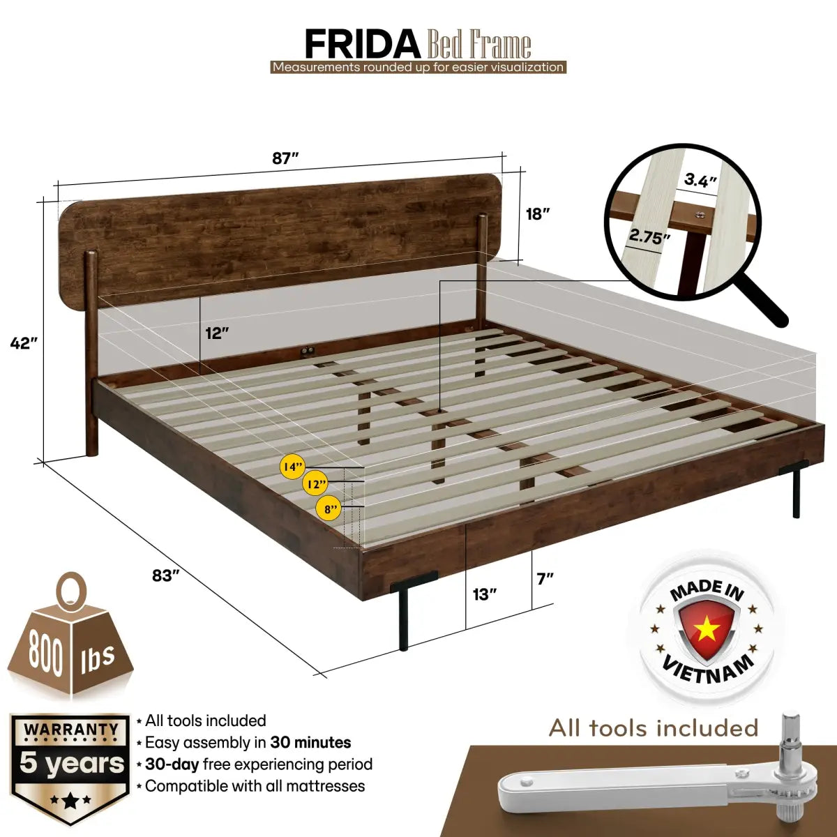 Solid Wood Bed Frame - Frida Deluxe - Quality Craftsmanship and Timeless Elegance - Megsu