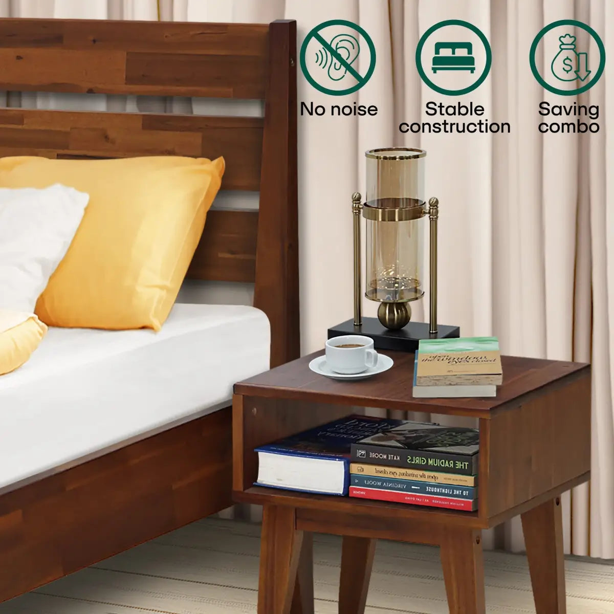 Solid Wood Bed Frame & Nightstand Set - Acacia Bedroom Furniture - Megsu
