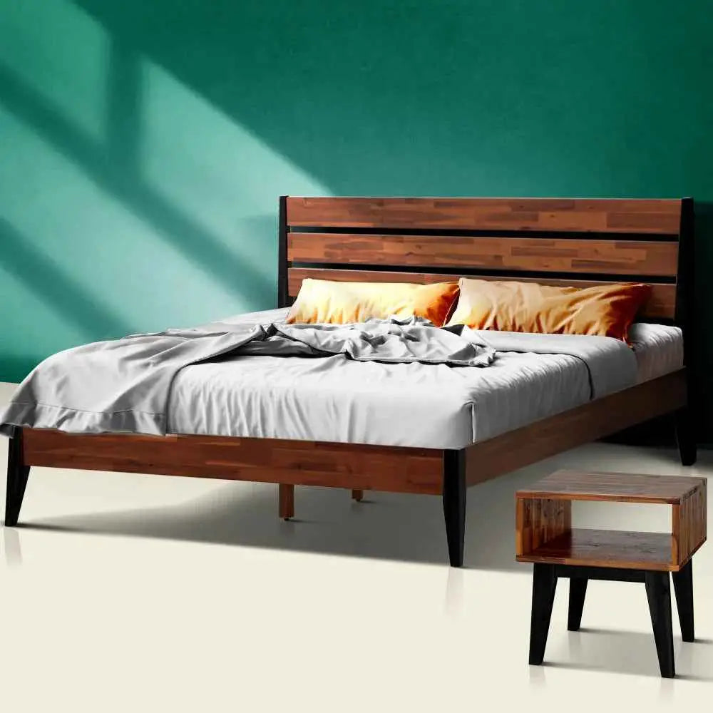 Solid Wood Bed Frame & Nightstand Set - Acacia Bedroom Furniture - Americano / Queen - Megsu