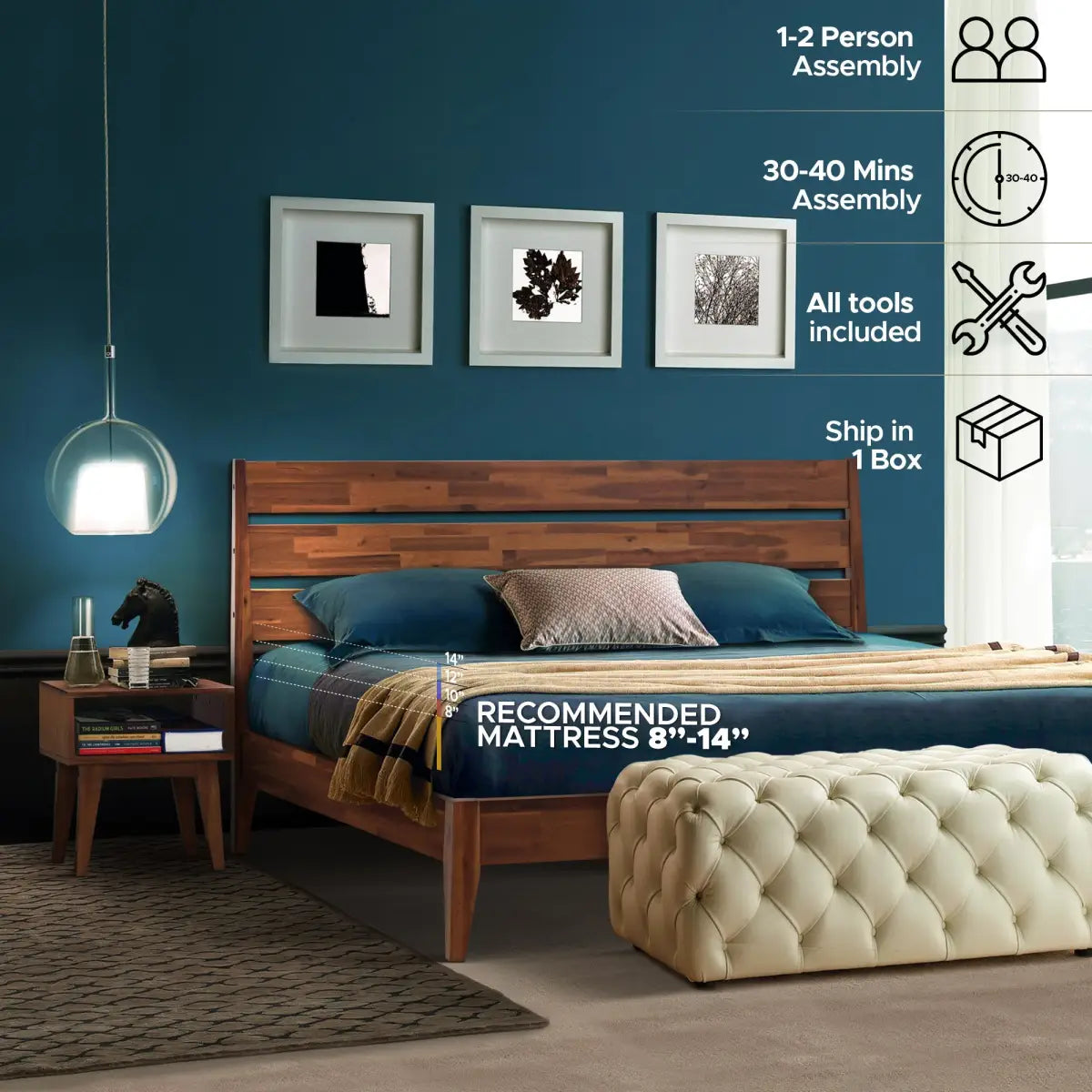 Solid Wood Bed Frame & Nightstand Set - Acacia Bedroom Furniture - Megsu