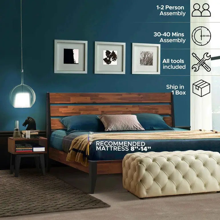 Solid Wood Bed Frame & Nightstand Set - Acacia Bedroom Furniture - Megsu