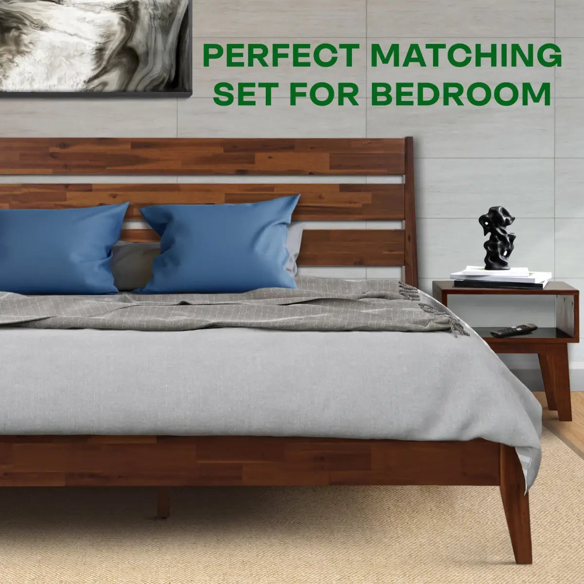 Solid Wood Bed Frame & Nightstand Set - Acacia Bedroom Furniture - Megsu