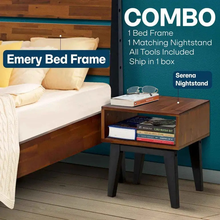 Solid Wood Bed Frame & Nightstand Set - Acacia Bedroom Furniture - Megsu