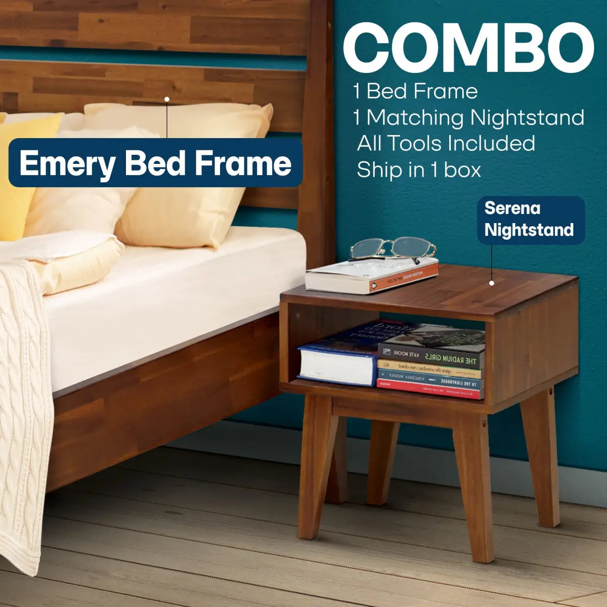 Solid Wood Bed Frame & Nightstand Set - Acacia Bedroom Furniture - Megsu