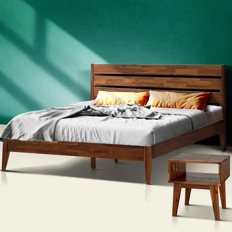 Solid Wood Bed Frame & Nightstand Set - Acacia Bedroom Furniture - Walnut / Queen - Megsu