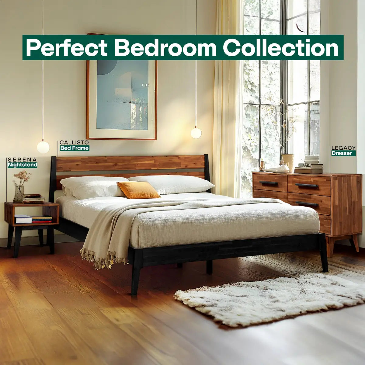 Solid Wood Bed Frame and Nightstand Set - Acacia Callisto - for a Stylish Bedroom - Megsu