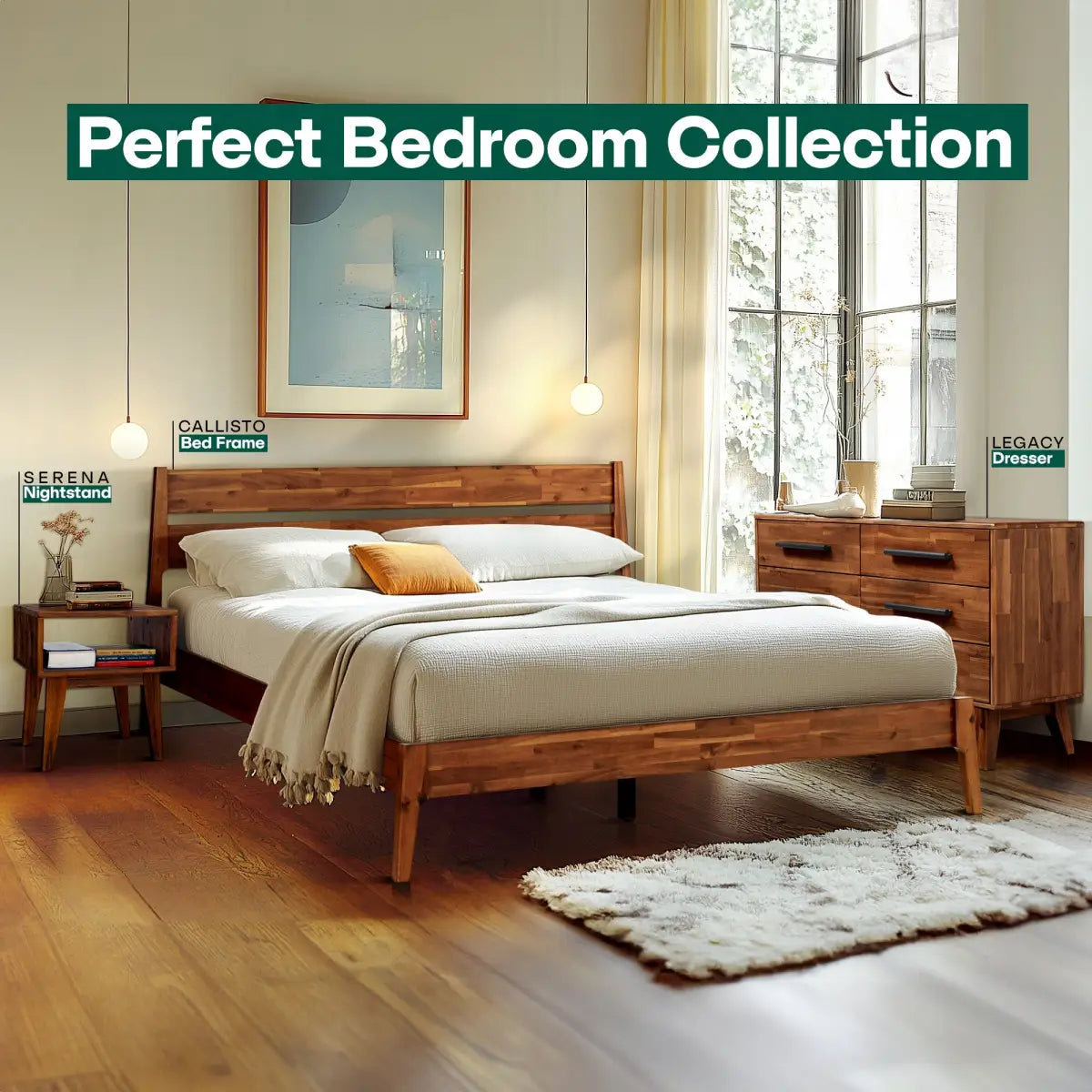 Solid Wood Bed Frame and Nightstand Set - Acacia Callisto - for a Stylish Bedroom - Megsu
