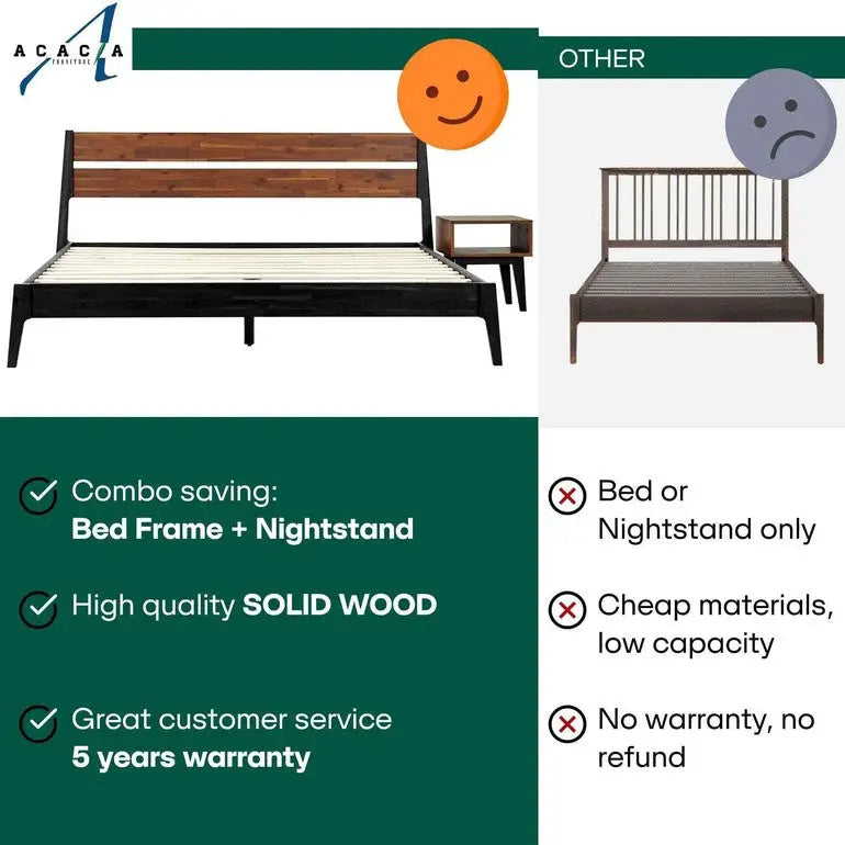 Solid Wood Bed Frame and Nightstand Set - Acacia Callisto - for a Stylish Bedroom - Megsu