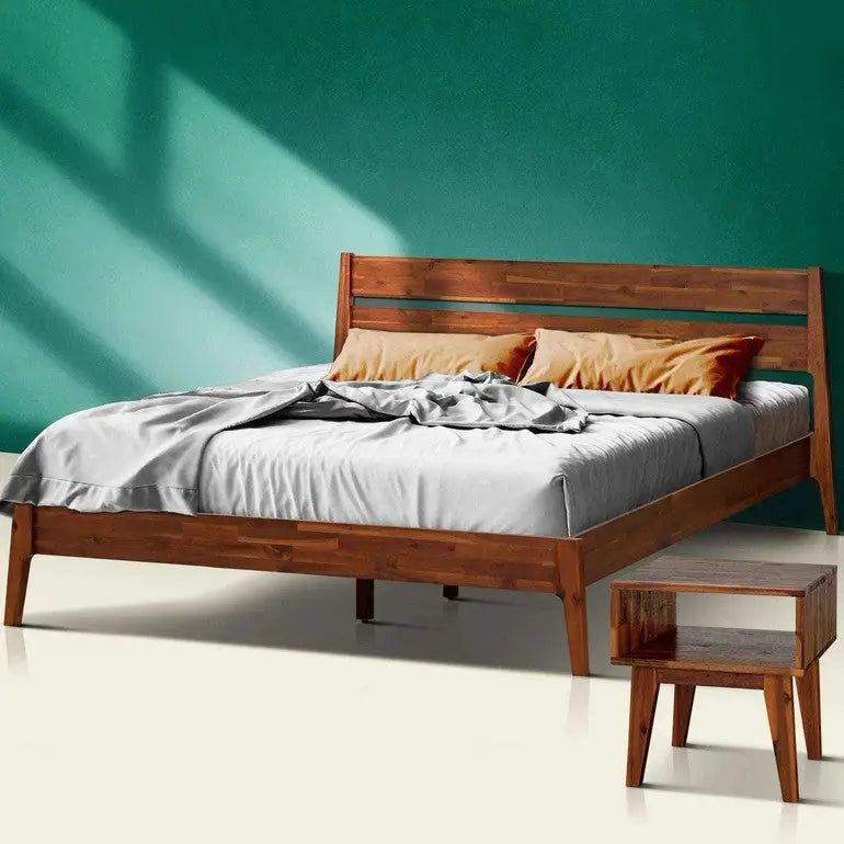 Solid Wood Bed Frame and Nightstand Set - Acacia Callisto - for a Stylish Bedroom - Walnut / Queen - Megsu