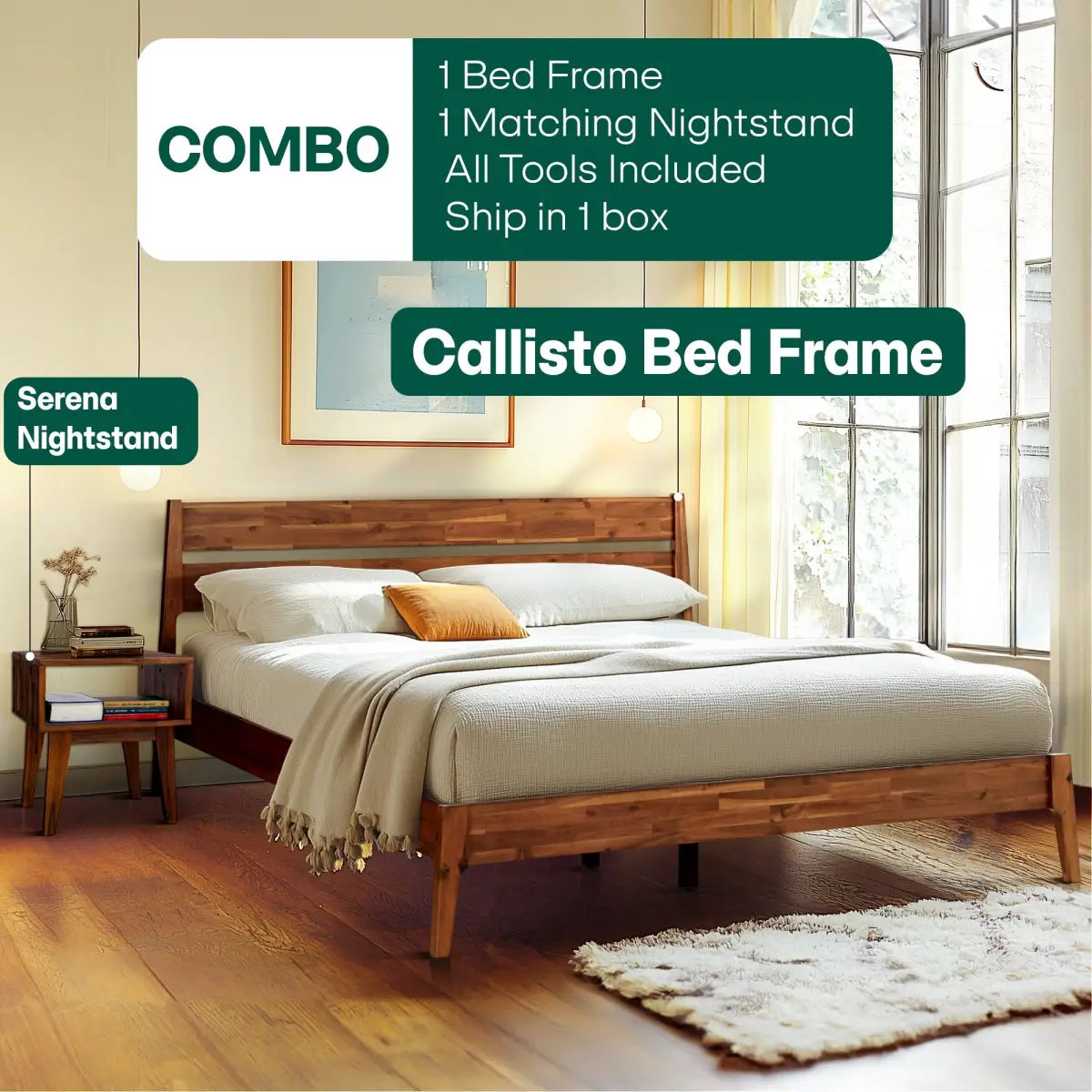 Solid Wood Bed Frame and Nightstand Set - Acacia Callisto - for a Stylish Bedroom - Megsu