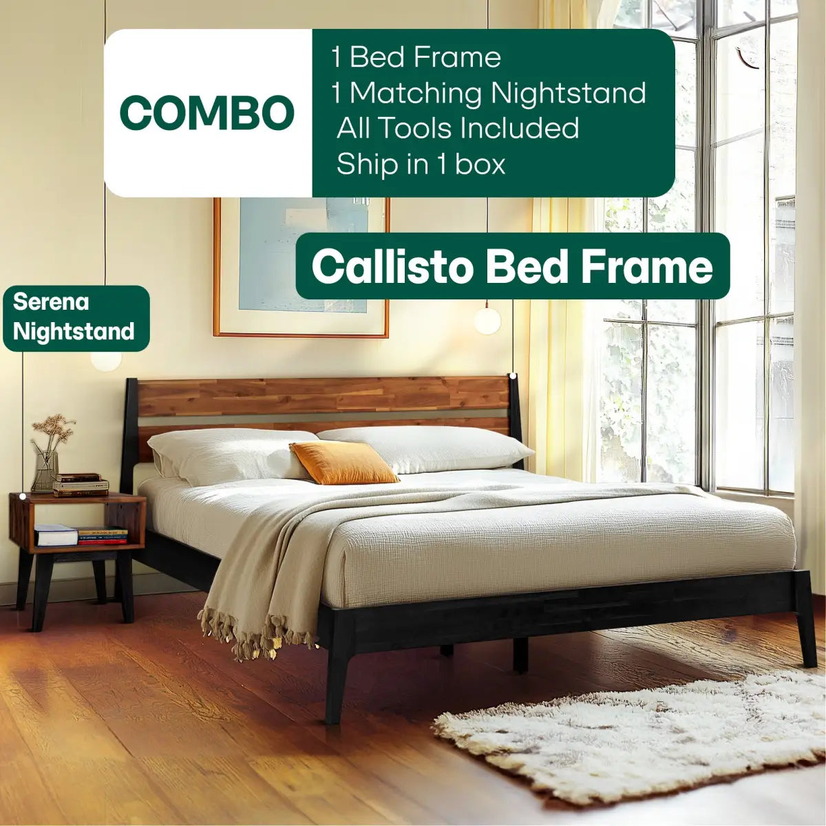 Solid Wood Bed Frame and Nightstand Set - Acacia Callisto - for a Stylish Bedroom - Megsu