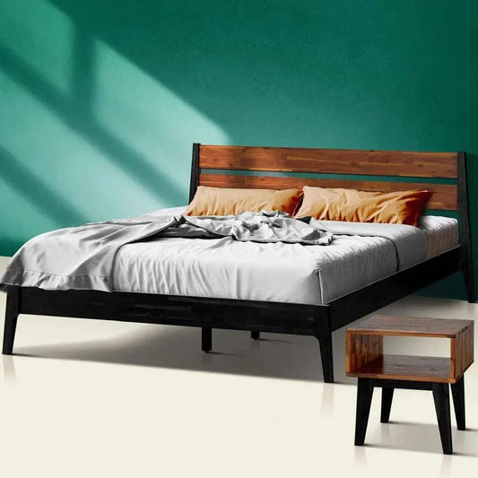 Solid Wood Bed Frame and Nightstand Set - Acacia Callisto - for a Stylish Bedroom - Black Ristretto / Queen - Megsu
