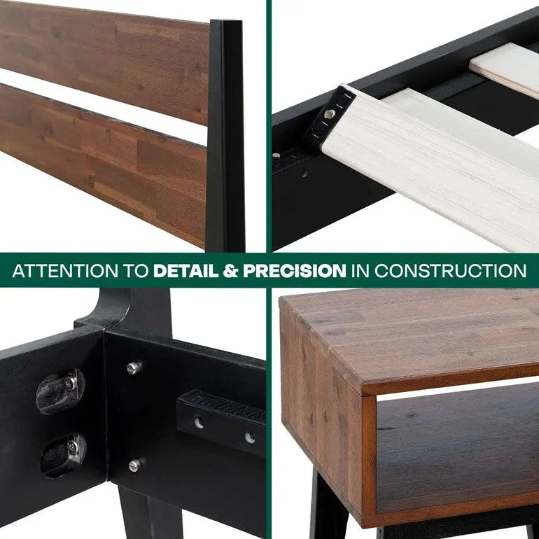 Solid Wood Bed Frame and Nightstand Set - Acacia Callisto - for a Stylish Bedroom - Megsu