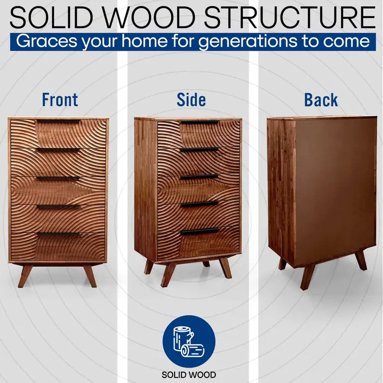 Solid Wood Dresser with 5 Drawers - Acacia Harmony - Bedroom Storage - Megsu