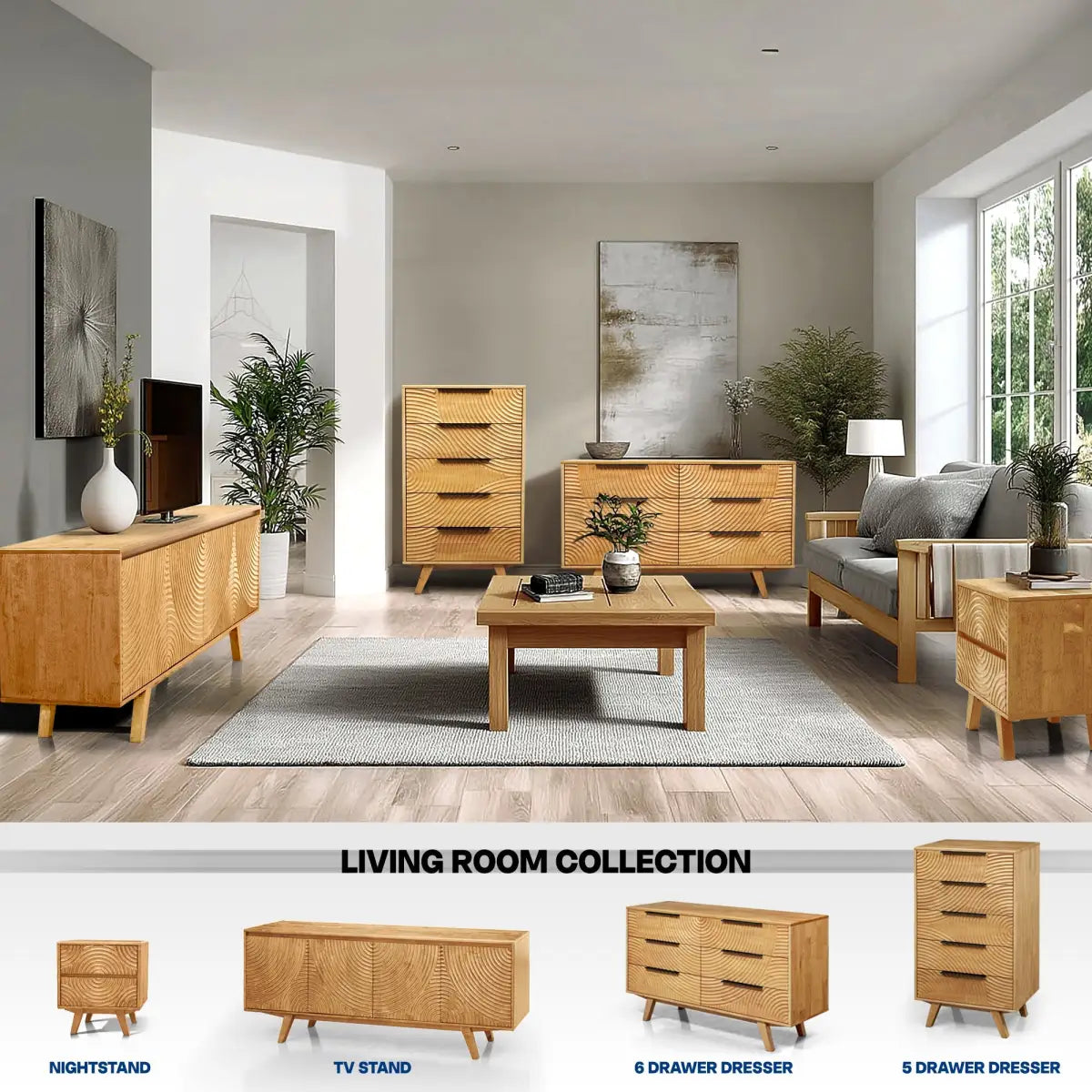 Solid Wood Dresser with 5 Drawers - Acacia Harmony - Bedroom Storage - Megsu