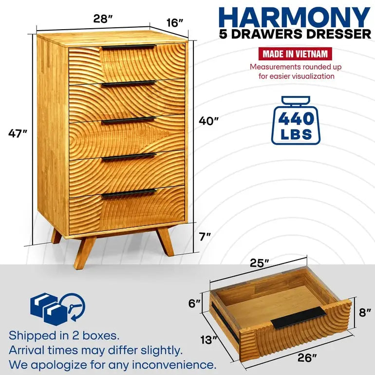 Solid Wood Dresser with 5 Drawers - Acacia Harmony - Bedroom Storage - Megsu