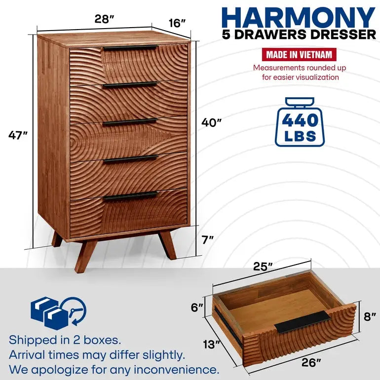 Solid Wood Dresser with 5 Drawers - Acacia Harmony - Bedroom Storage - Megsu