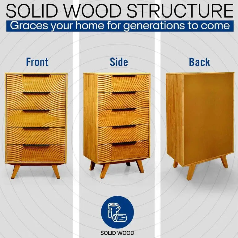 Solid Wood Dresser with 5 Drawers - Acacia Harmony - Bedroom Storage - Megsu
