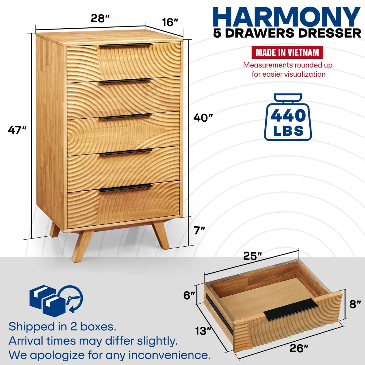 Solid Wood Dresser with 5 Drawers - Acacia Harmony - Bedroom Storage - Megsu
