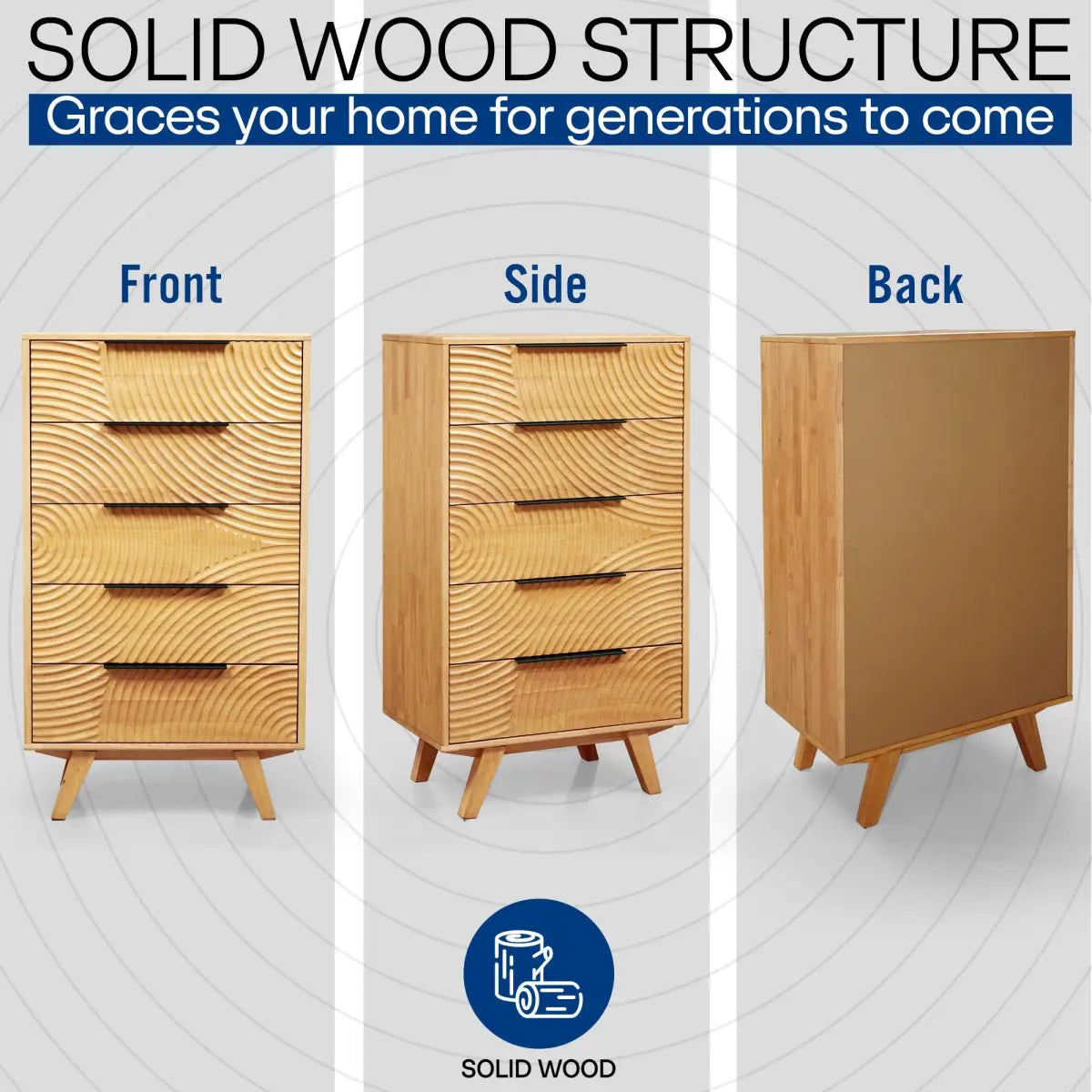 Solid Wood Dresser with 5 Drawers - Acacia Harmony - Bedroom Storage - Megsu