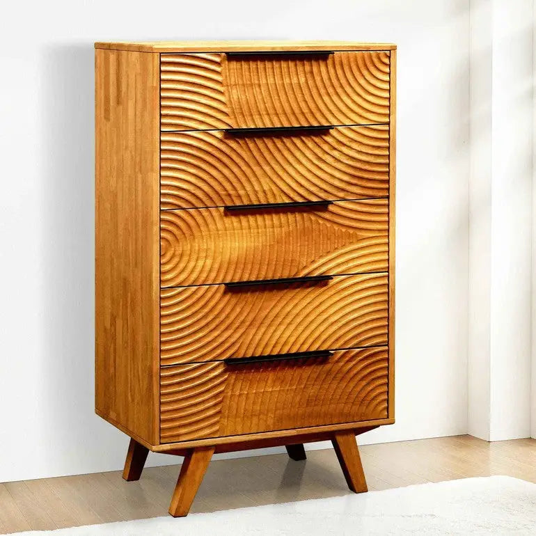 Solid Wood Dresser with 5 Drawers - Acacia Harmony - Bedroom Storage - Caramel - Megsu