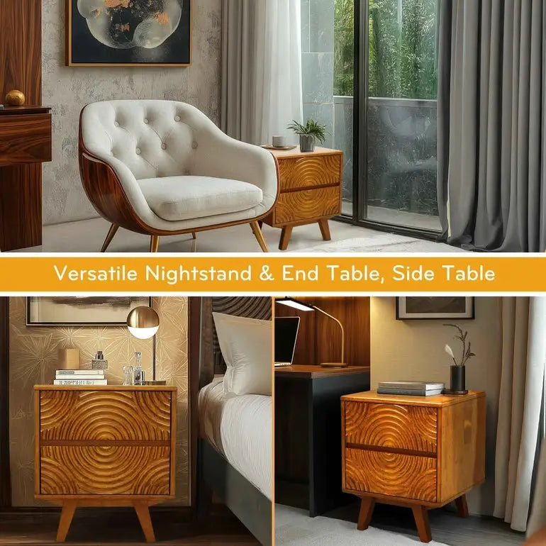 Solid Wood Nightstand - Acacia Harmony with 2 Drawers - Elegant Bedroom Storage - Megsu