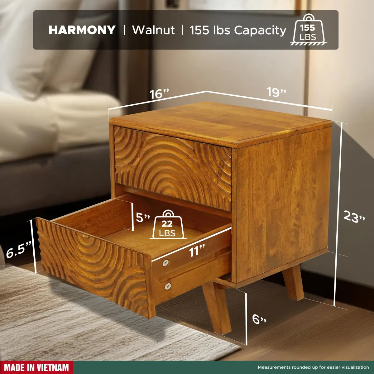 Solid Wood Nightstand - Acacia Harmony with 2 Drawers - Elegant Bedroom Storage - Megsu