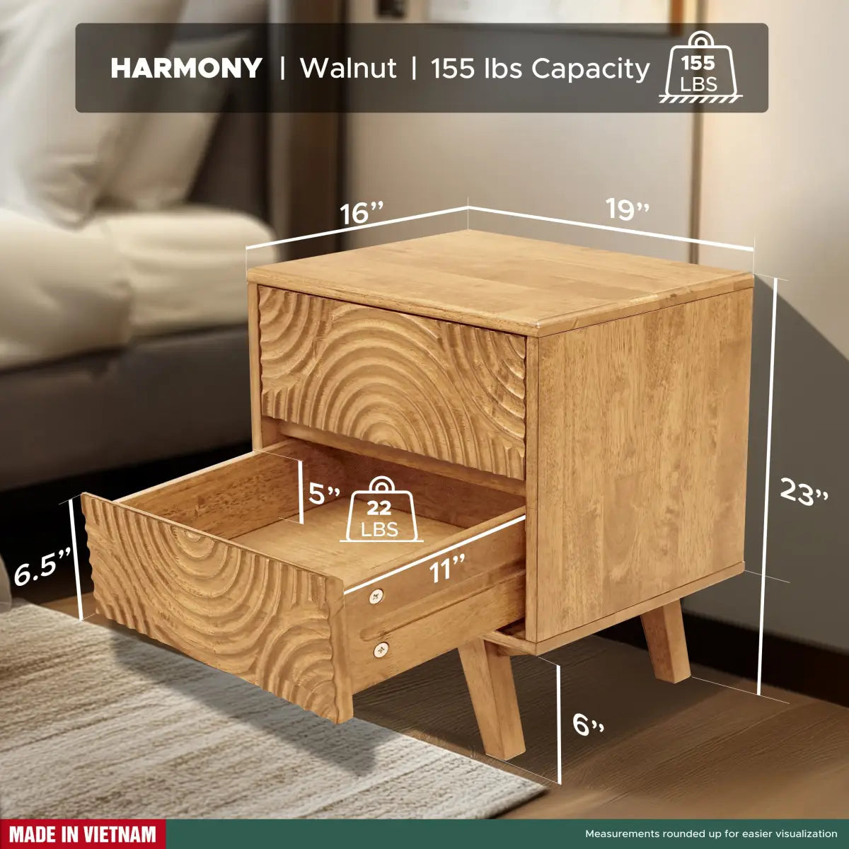 Solid Wood Nightstand - Acacia Harmony with 2 Drawers - Elegant Bedroom Storage - Megsu