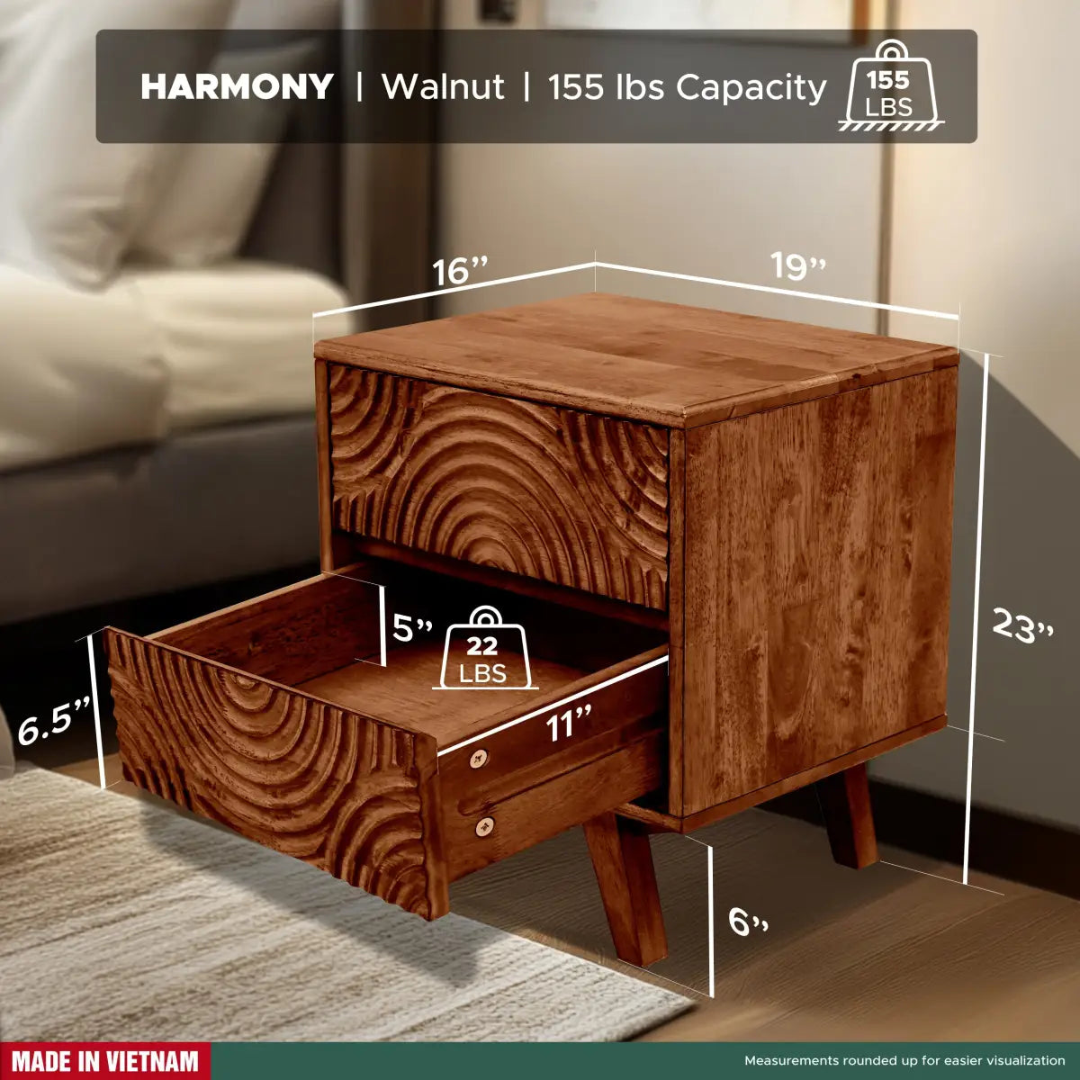 Solid Wood Nightstand - Acacia Harmony with 2 Drawers - Elegant Bedroom Storage - Megsu