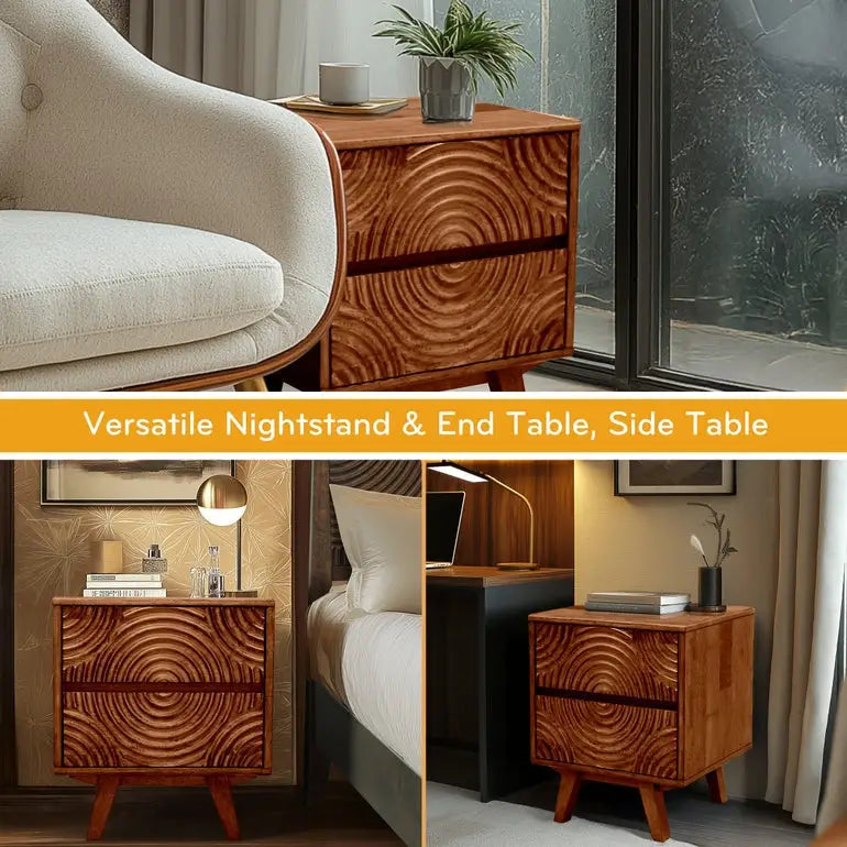 Solid Wood Nightstand - Acacia Harmony with 2 Drawers - Elegant Bedroom Storage - Megsu