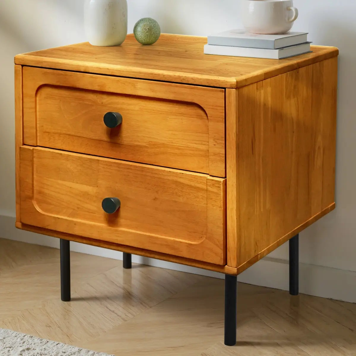 Solid Wood Nightstand - Acacia Savana Mid-Century Modern - 2 Drawer - Caramel - Megsu