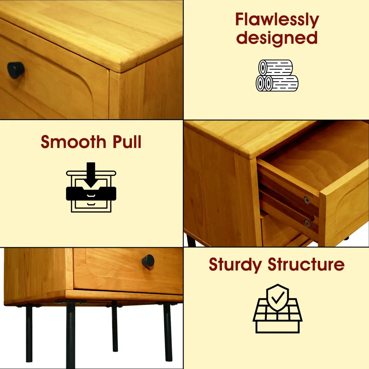 Solid Wood Nightstand - Acacia Savana Mid-Century Modern - 2 Drawer - Megsu