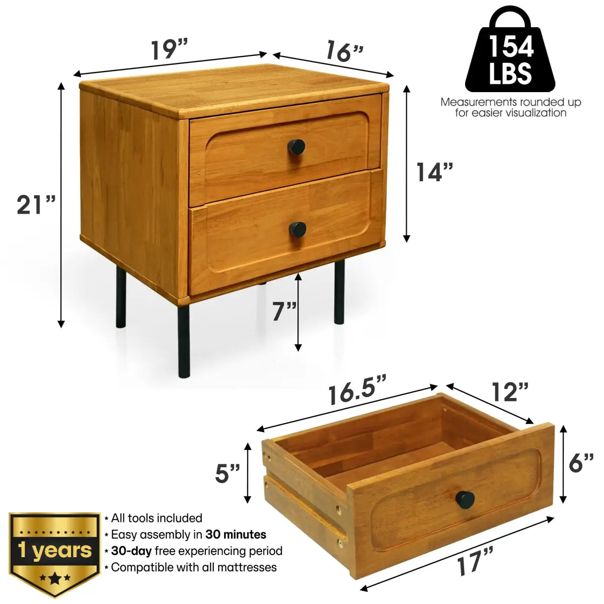 Solid Wood Nightstand - Acacia Savana Mid-Century Modern - 2 Drawer - Megsu