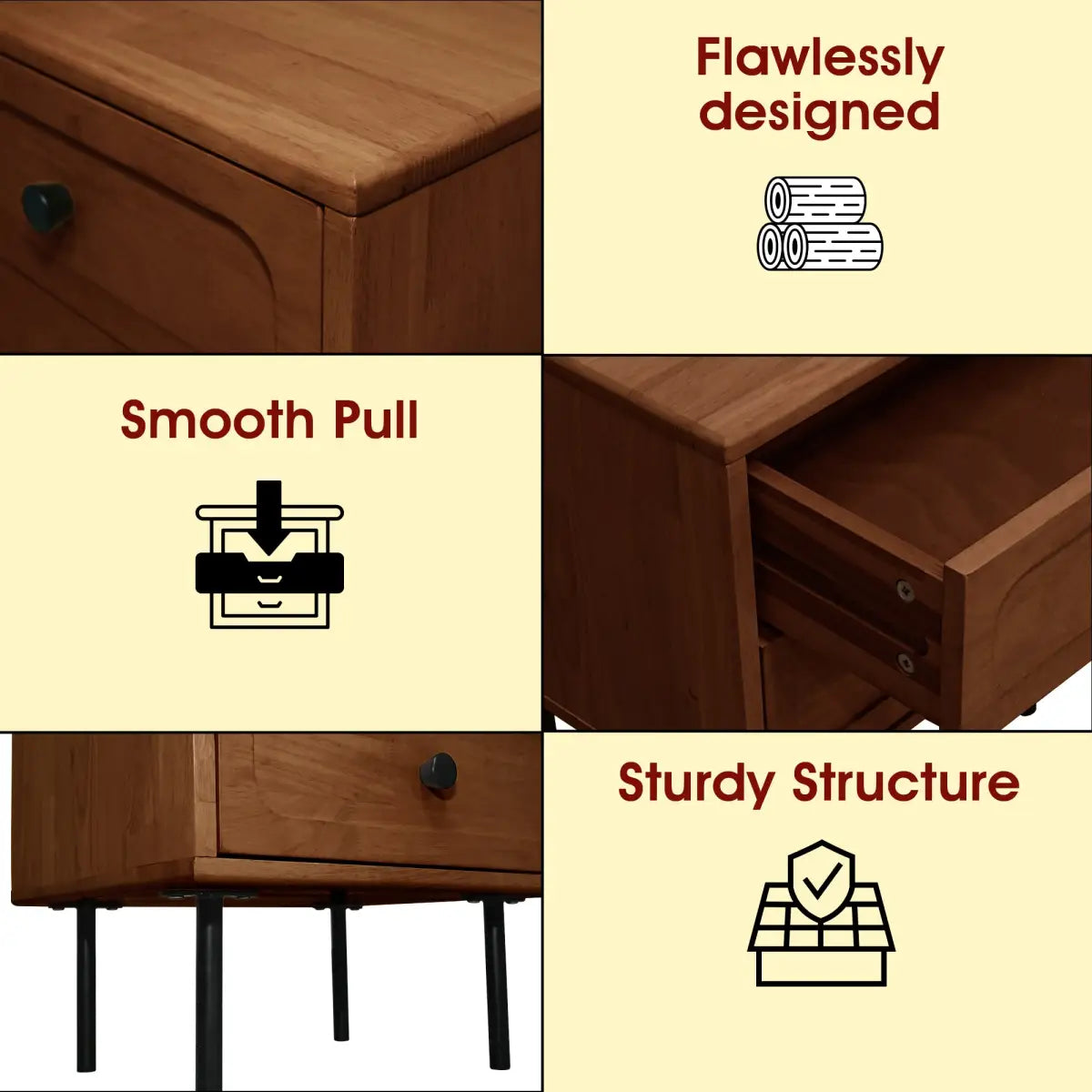 Solid Wood Nightstand - Acacia Savana Mid-Century Modern - 2 Drawer - Megsu