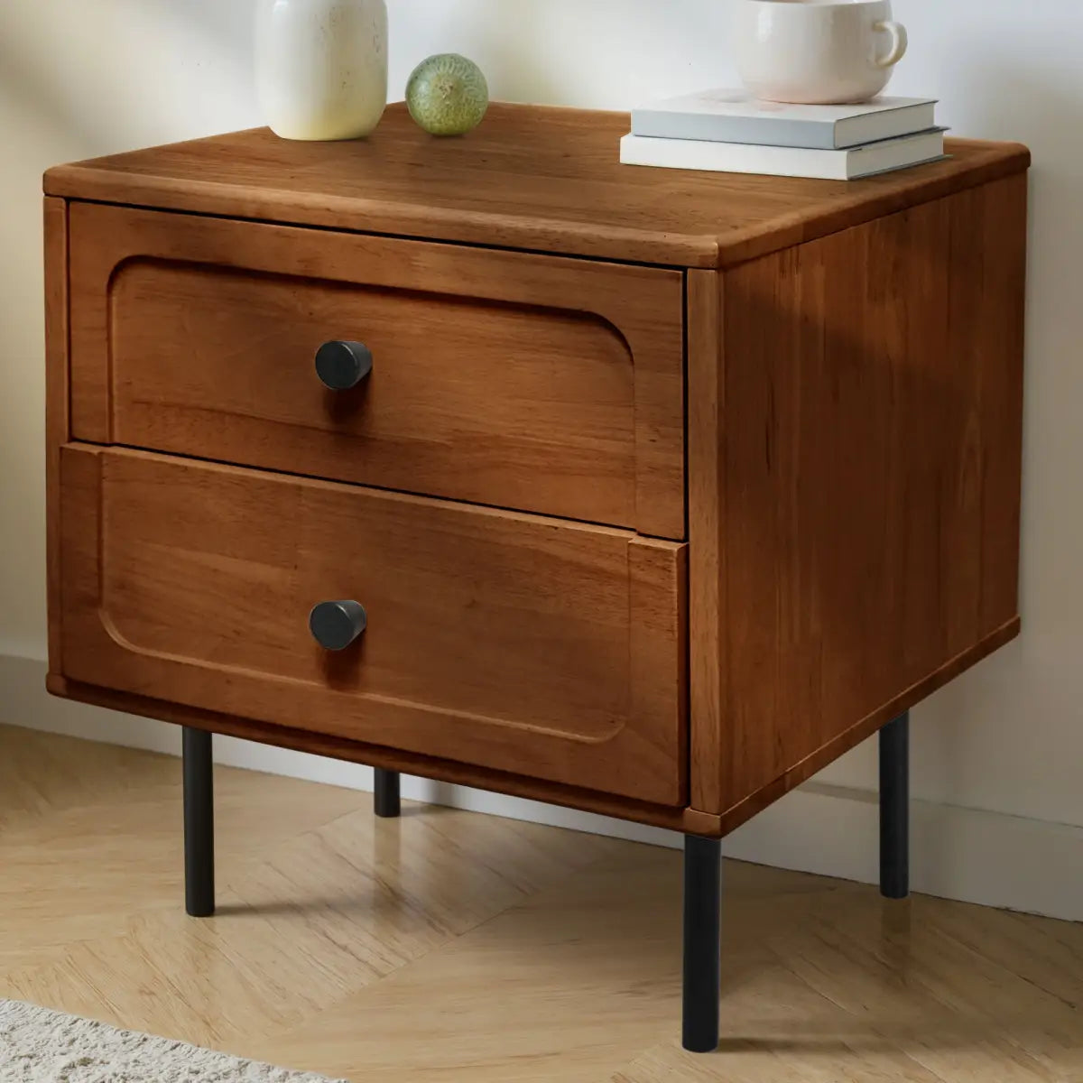 Solid Wood Nightstand - Acacia Savana Mid-Century Modern - 2 Drawer - Chocolate - Megsu