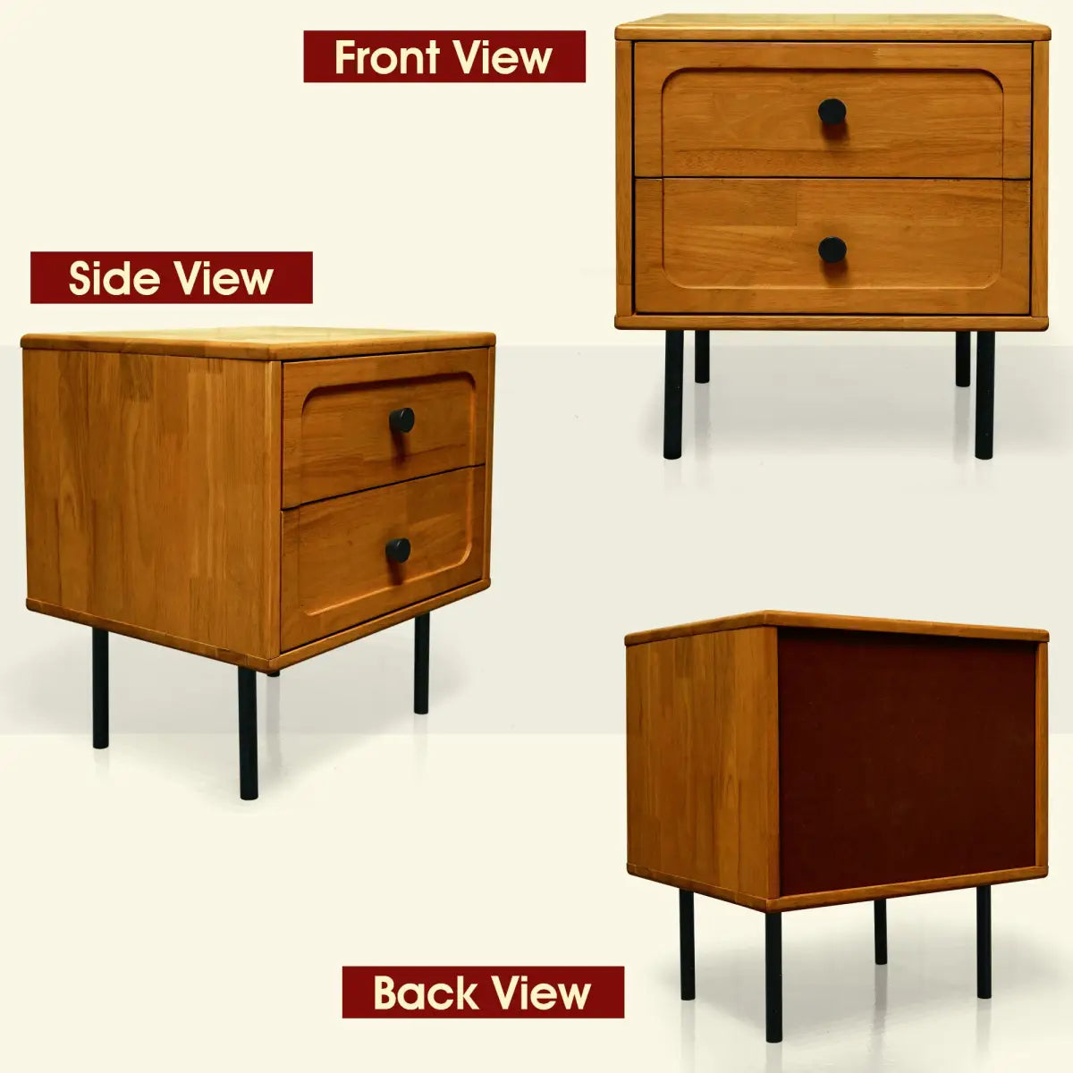 Solid Wood Nightstand - Acacia Savana Mid-Century Modern - 2 Drawer - Megsu