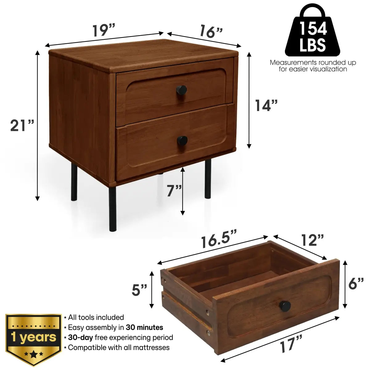 Solid Wood Nightstand - Acacia Savana Mid-Century Modern - 2 Drawer - Megsu