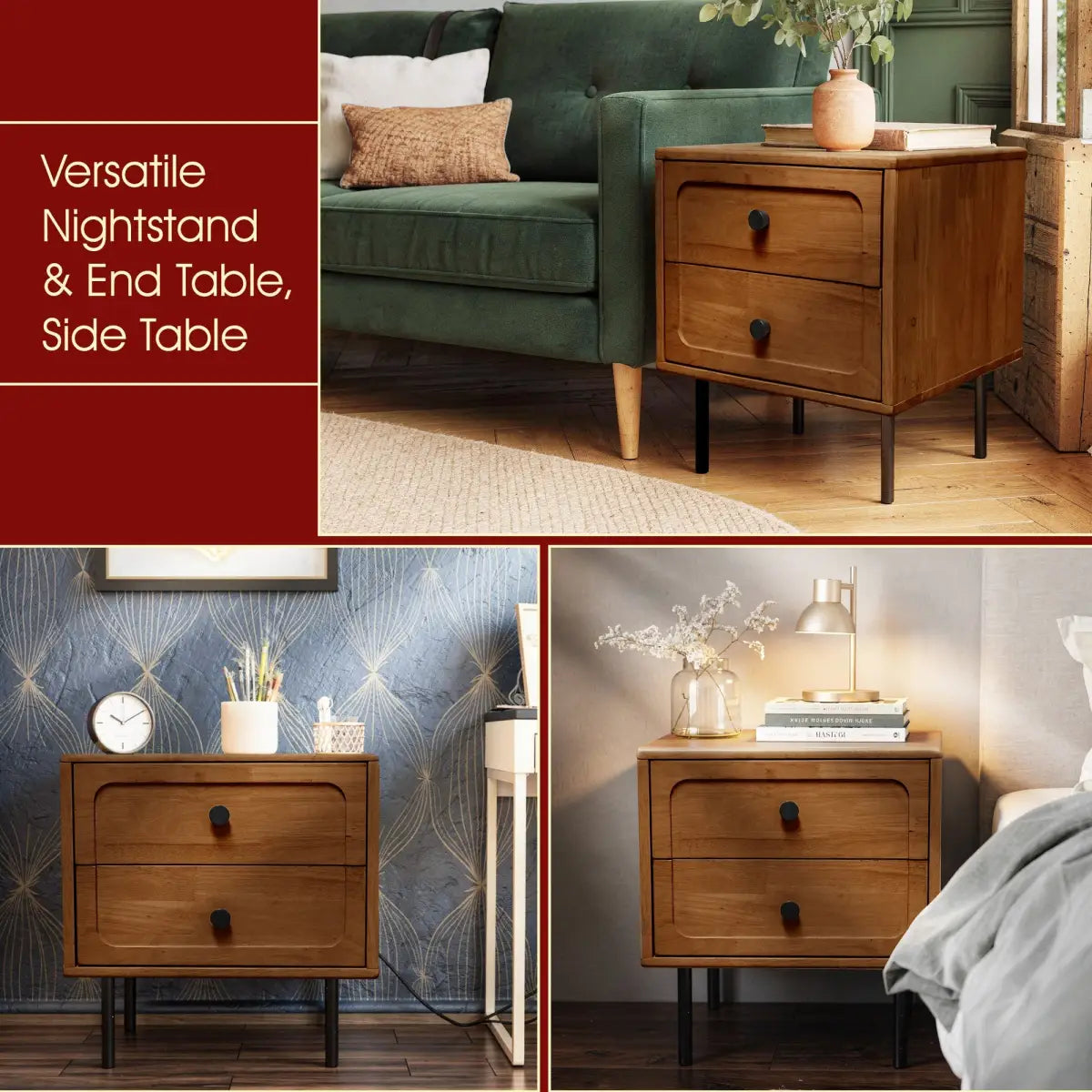 Solid Wood Nightstand - Acacia Savana Mid-Century Modern - 2 Drawer - Megsu
