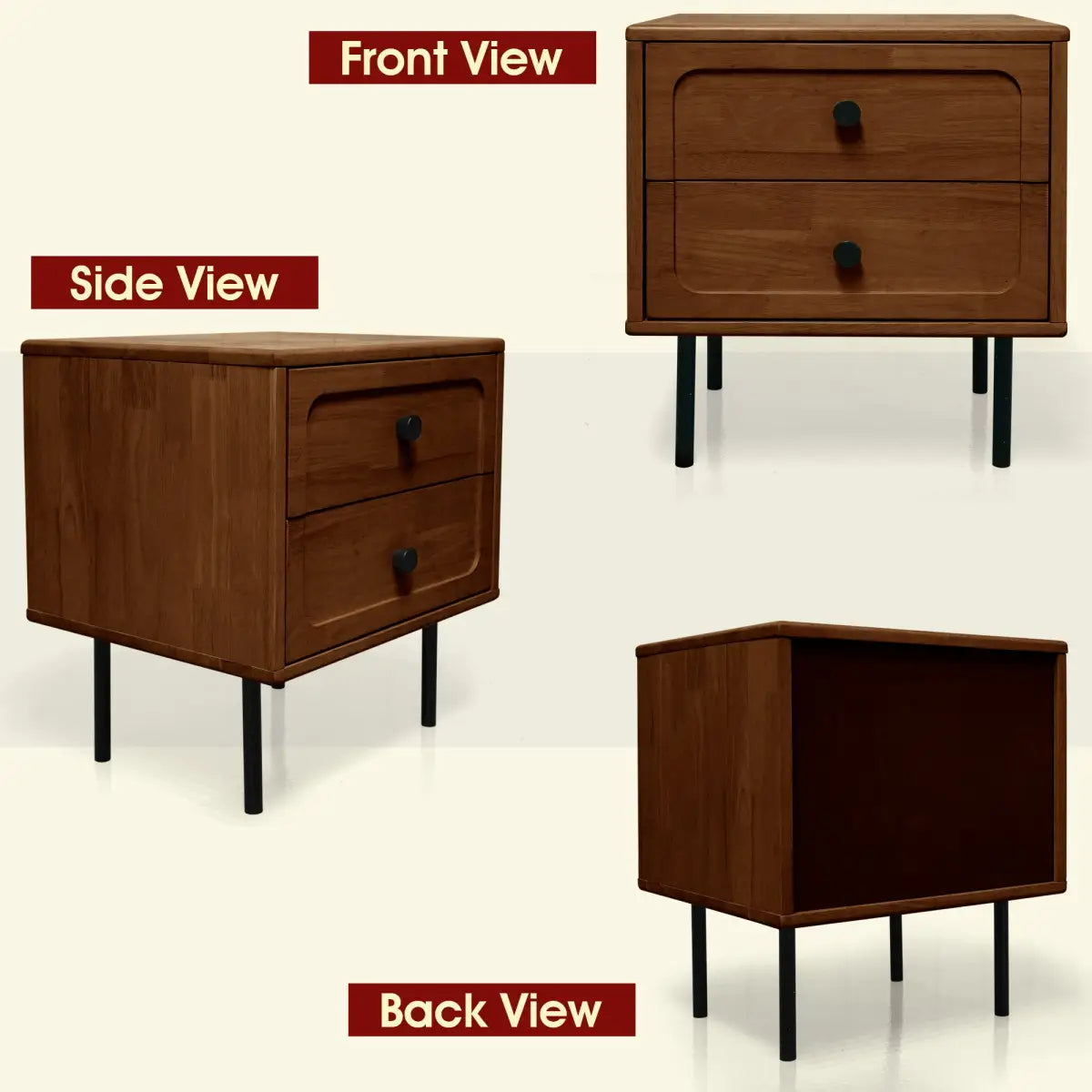 Solid Wood Nightstand - Acacia Savana Mid-Century Modern - 2 Drawer - Megsu
