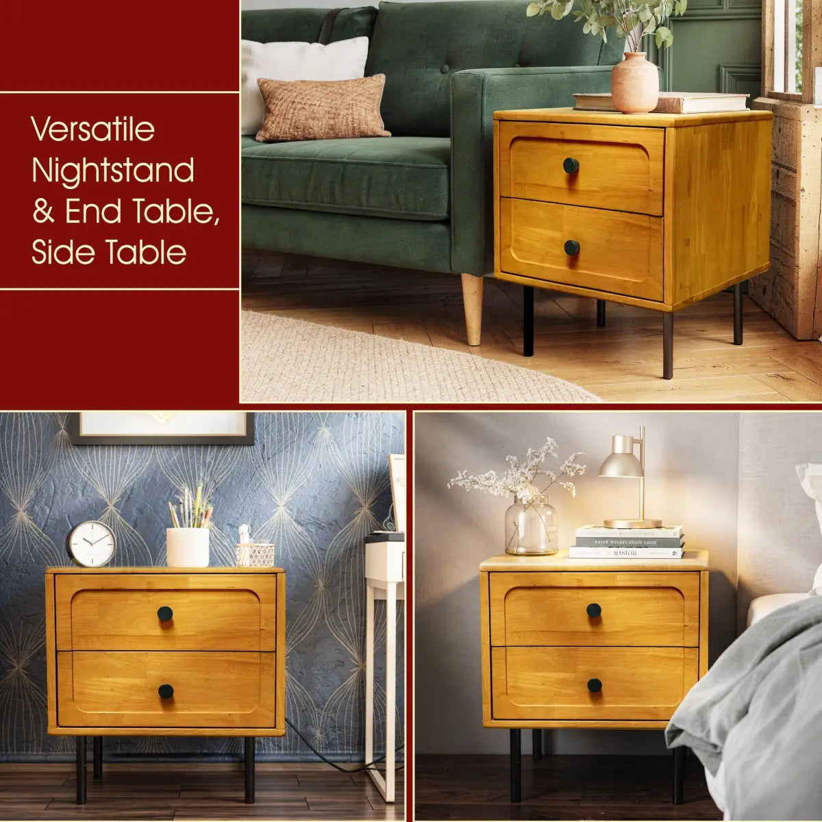 Solid Wood Nightstand - Acacia Savana Mid-Century Modern - 2 Drawer - Megsu