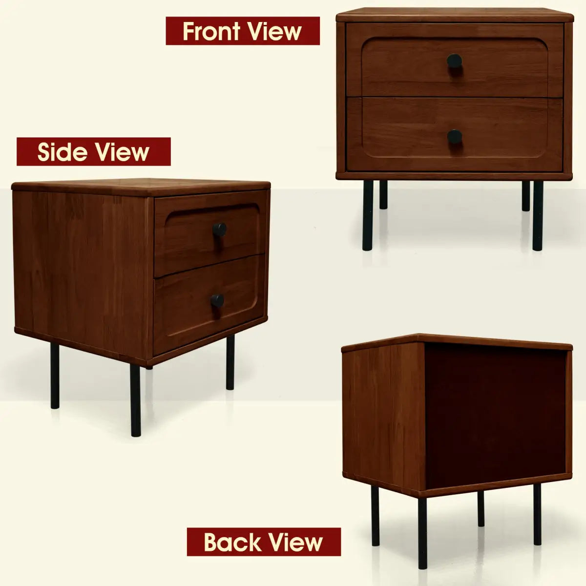 Solid Wood Nightstand - Acacia Savana Mid-Century Modern - 2 Drawer - Megsu