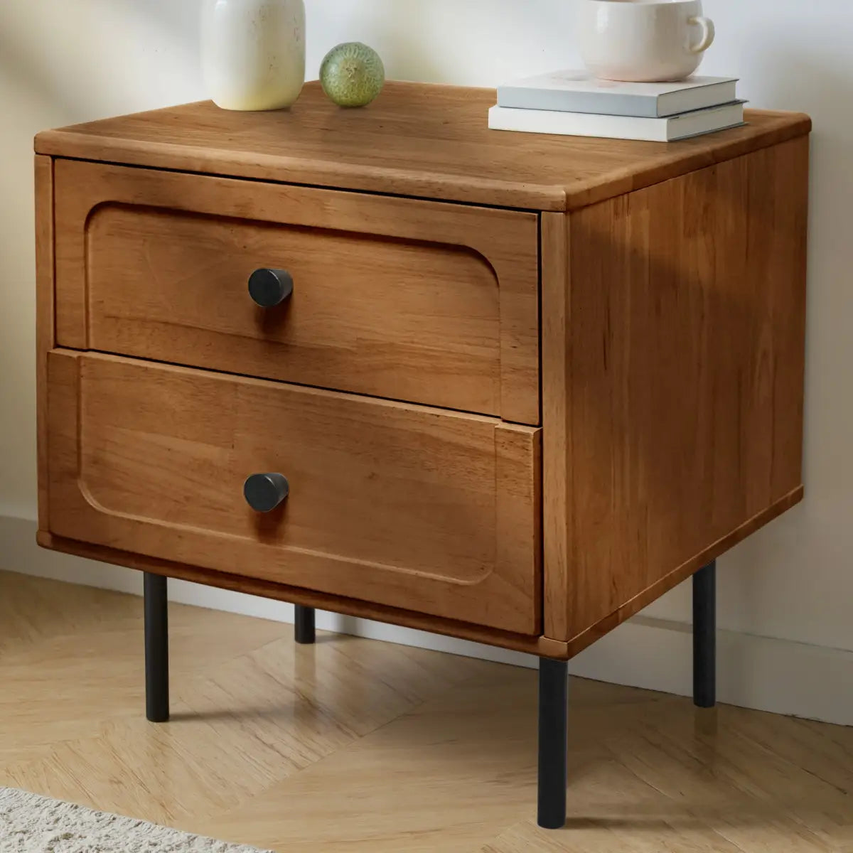 Solid Wood Nightstand - Acacia Savana Mid-Century Modern - 2 Drawer - Walnut - Megsu