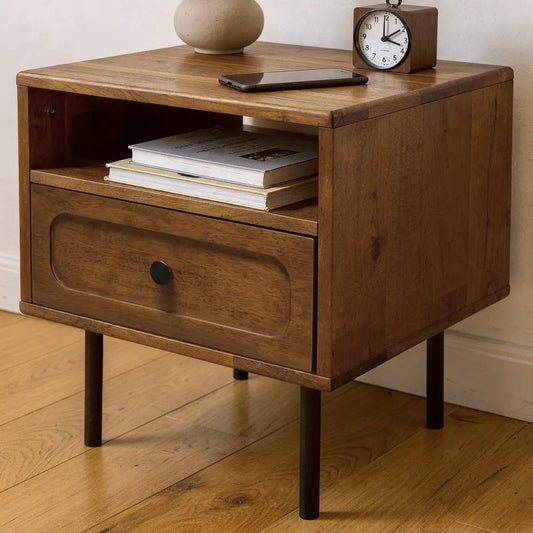 Solid Wood Nightstand - Acacia Savana - Mid-Century Modern - Single Drawer - Walnut - Megsu