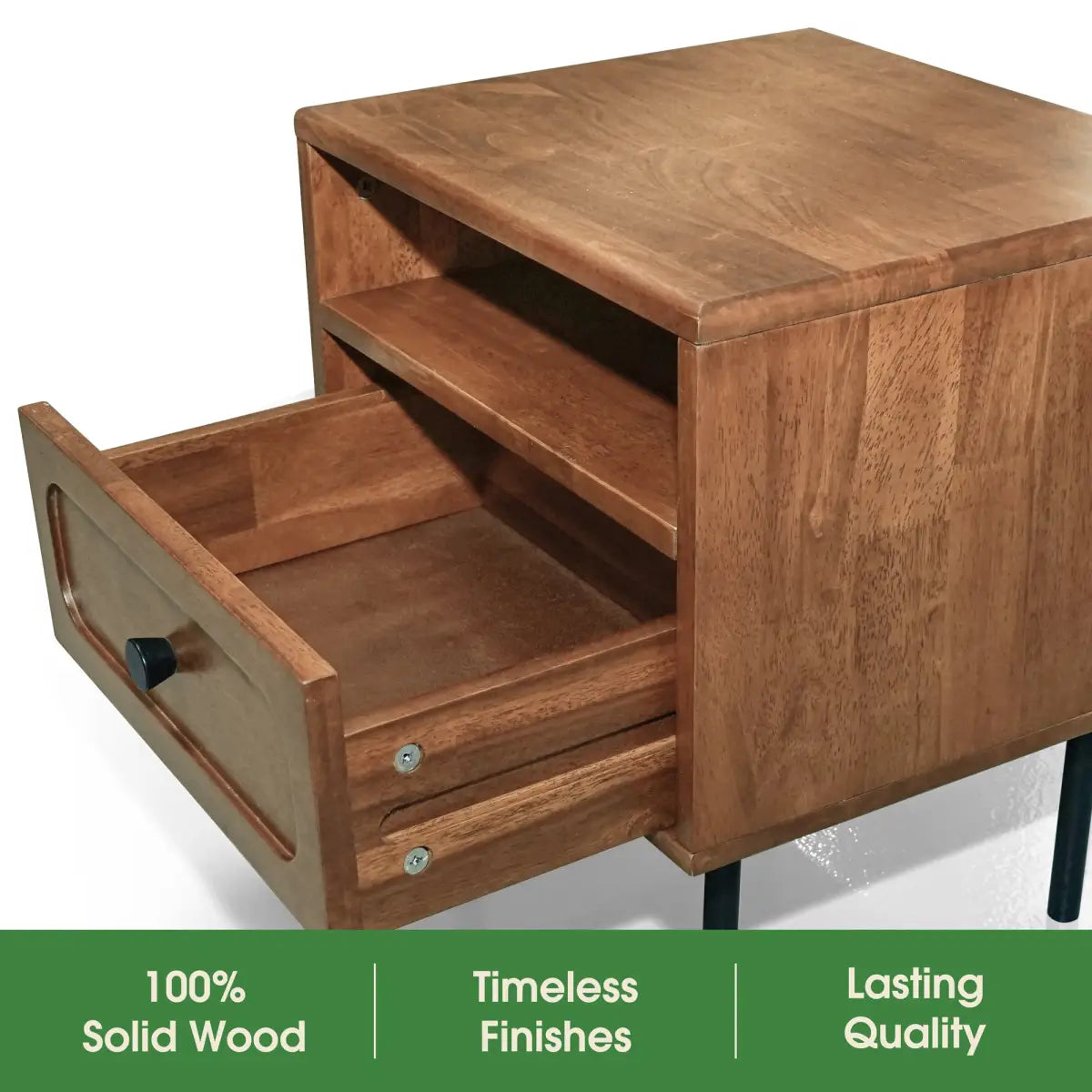 Solid Wood Nightstand - Acacia Savana - Mid-Century Modern - Single Drawer - Megsu