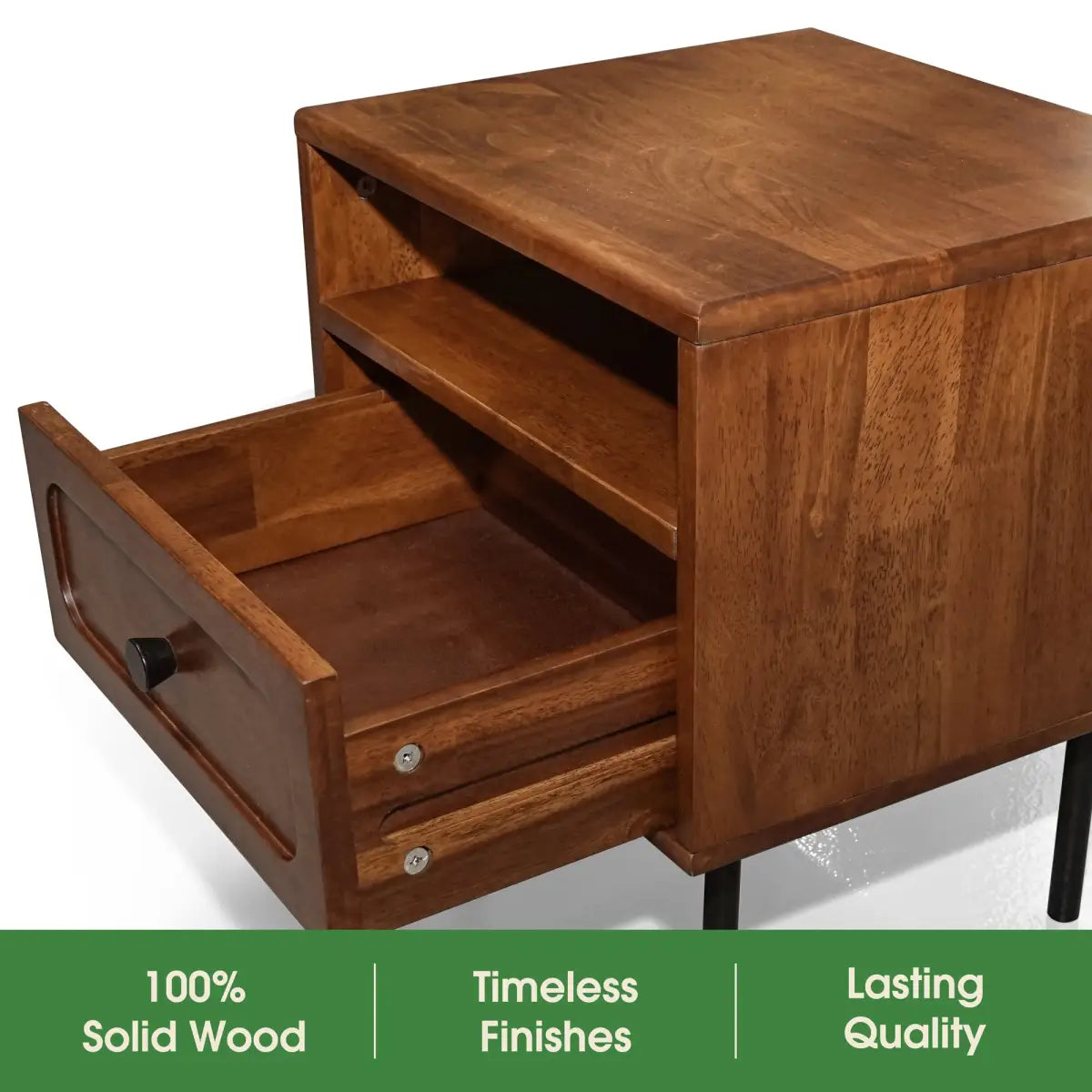Solid Wood Nightstand - Acacia Savana - Mid-Century Modern - Single Drawer - Megsu