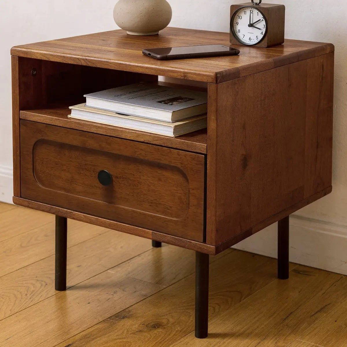 Solid Wood Nightstand - Acacia Savana - Mid-Century Modern - Single Drawer - Chocolate - Megsu