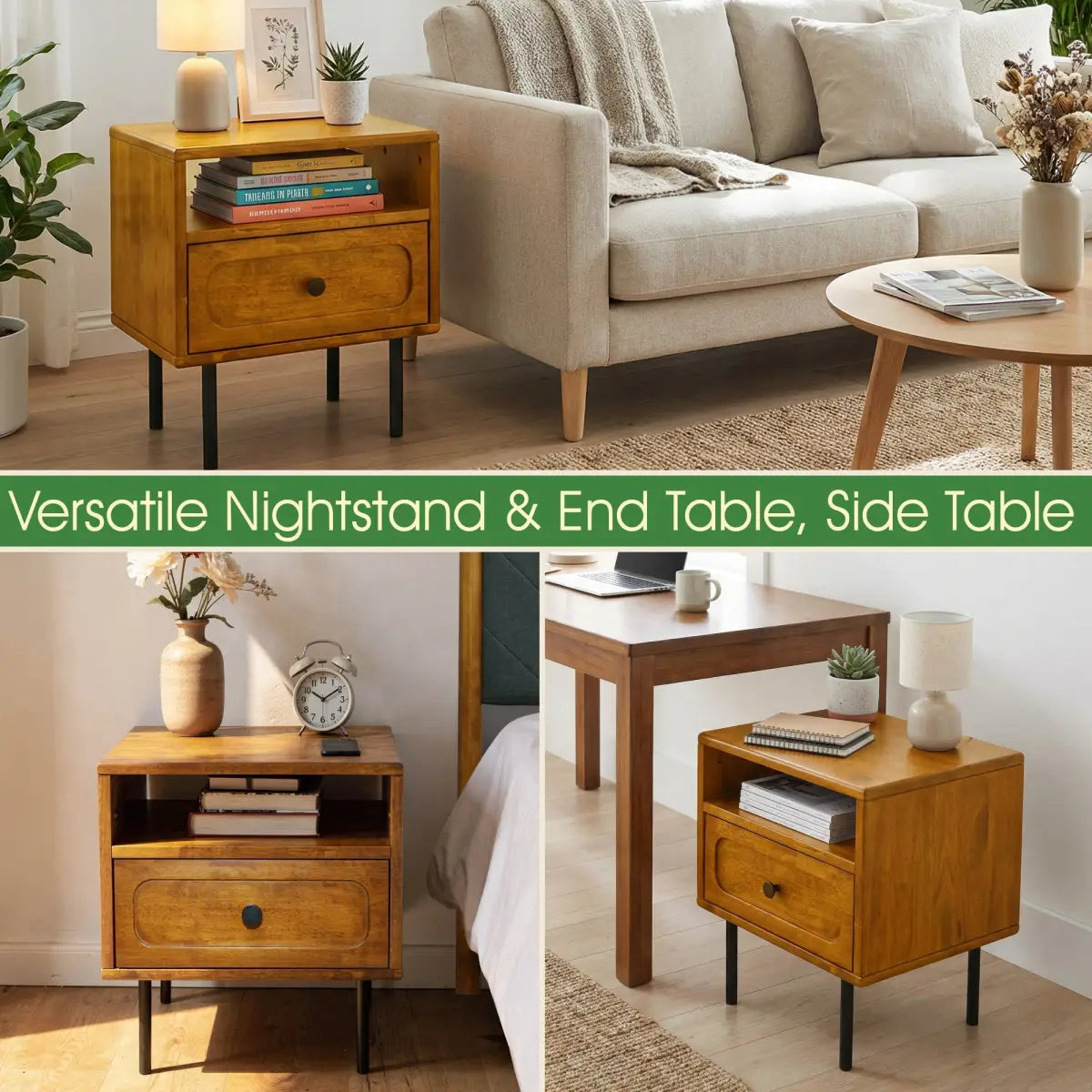 Solid Wood Nightstand - Acacia Savana - Mid-Century Modern - Single Drawer - Megsu