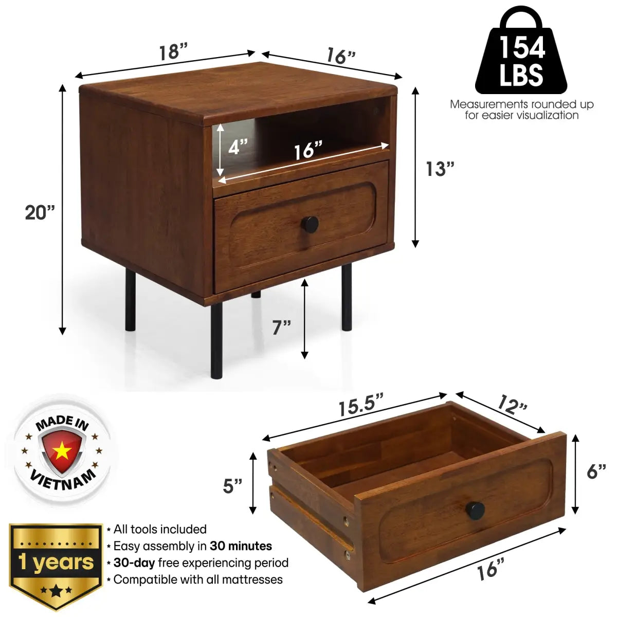 Solid Wood Nightstand - Acacia Savana - Mid-Century Modern - Single Drawer - Megsu