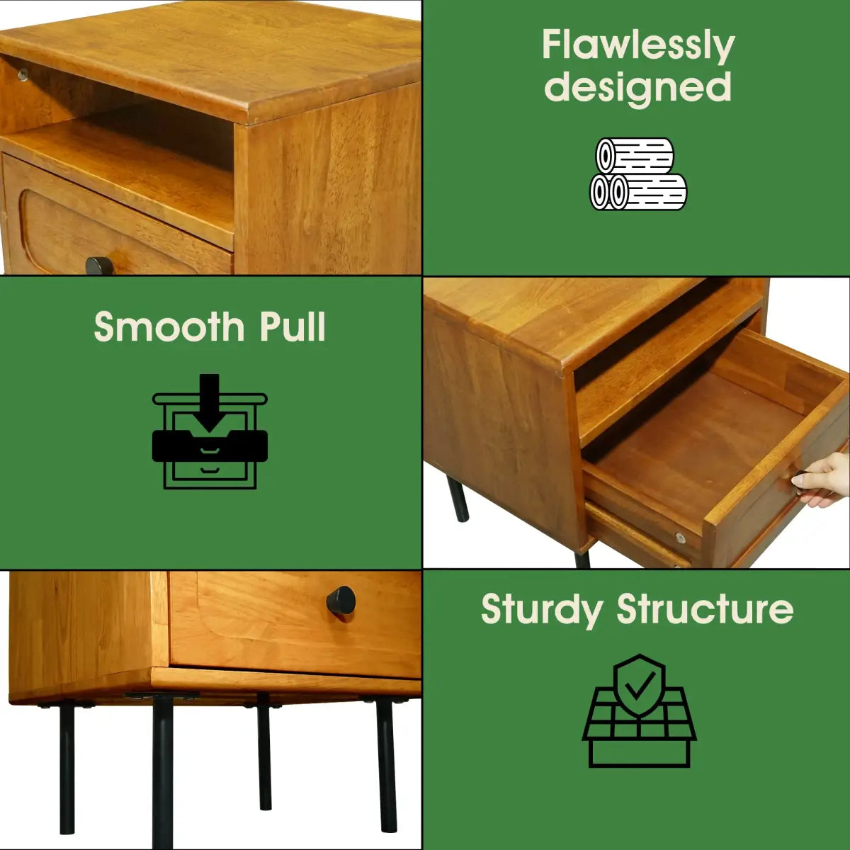 Solid Wood Nightstand - Acacia Savana - Mid-Century Modern - Single Drawer - Megsu